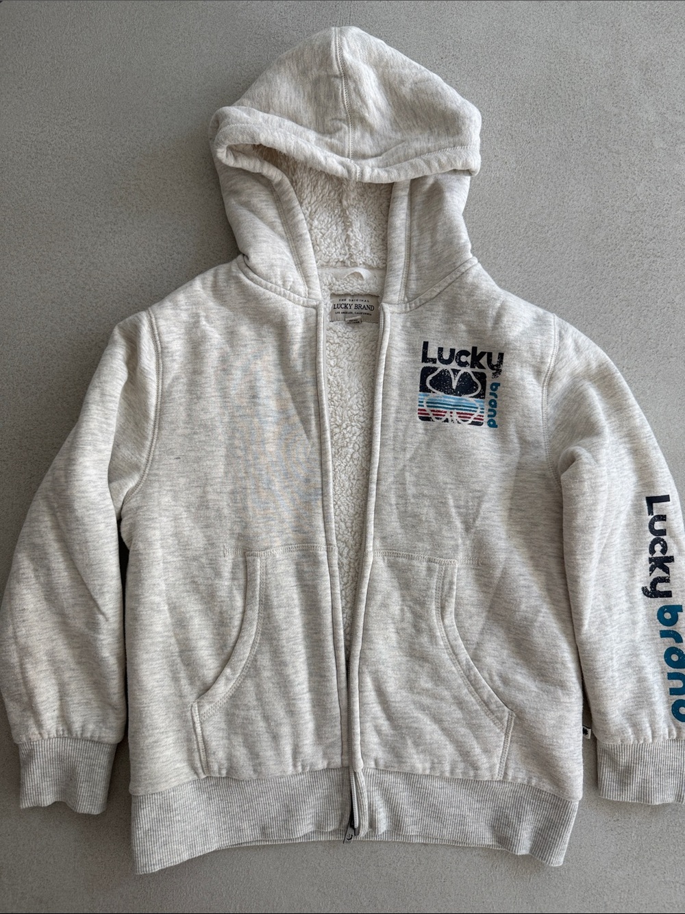 Lucky Brand Kids Light Cream Hooded Zip-Up Sweatshirt with Logo